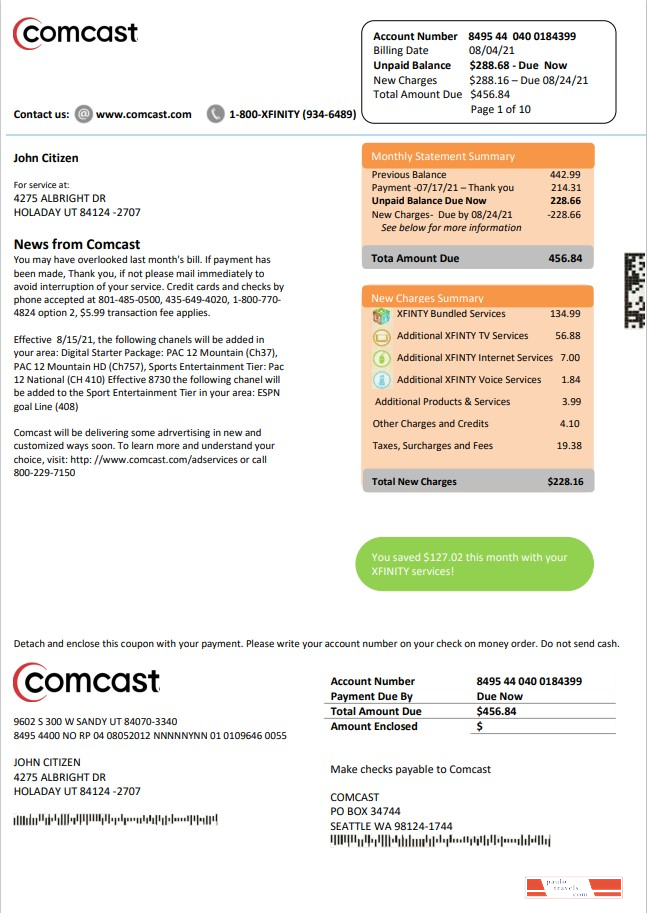 USA Utah Comcast utility bill template in Word and PDF format version 2